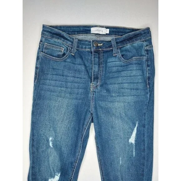 Jelly Jeans Womens Juniors Size 9 Dark Blue Distressed Denim Jeans Raw Hem - Picture 2 of 16